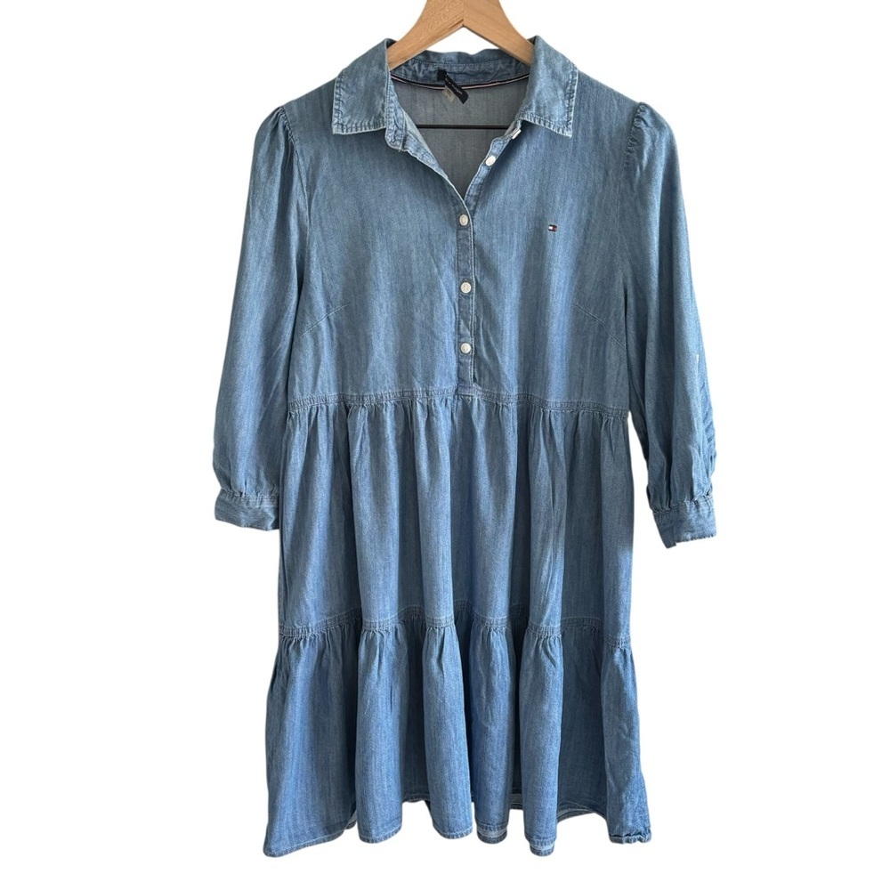 Tommy Hilfiger Tiered Chambray Shirtdress Size 6 Casual Western Boho Cottagecore - Picture 2 of 16